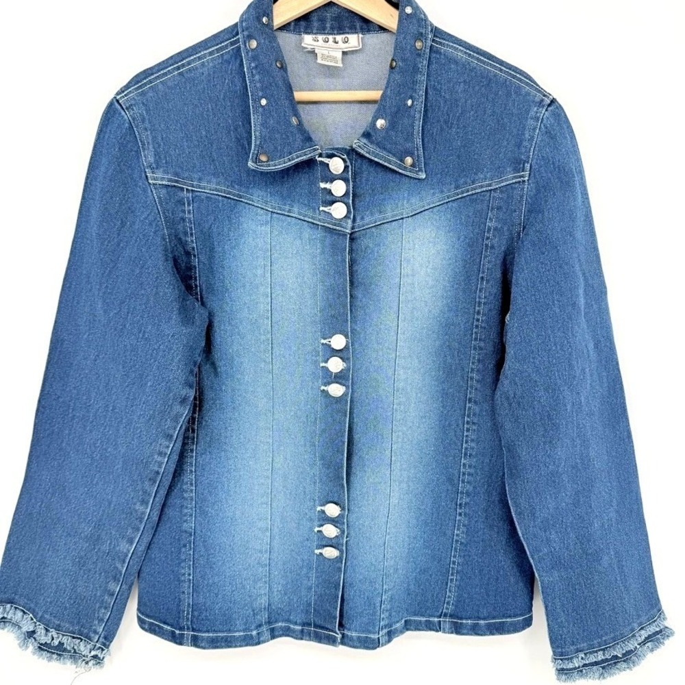 Western Cowgirl Womens Blue Studded Collar Frayed Cuff Denim Jacket L Americana